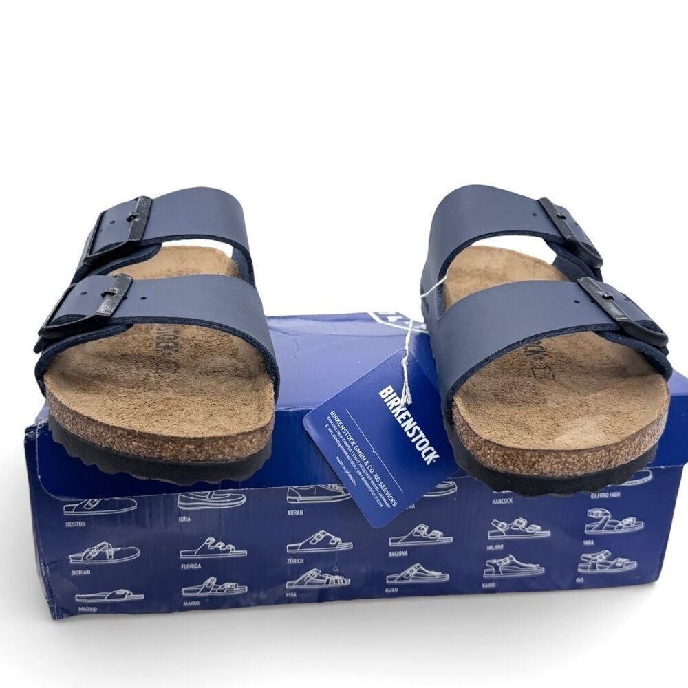 Birkenstock Arizona Navy Sandals EU 37 Two Strap Slide Slip-On Cork Footbed - Picture 8 of 12